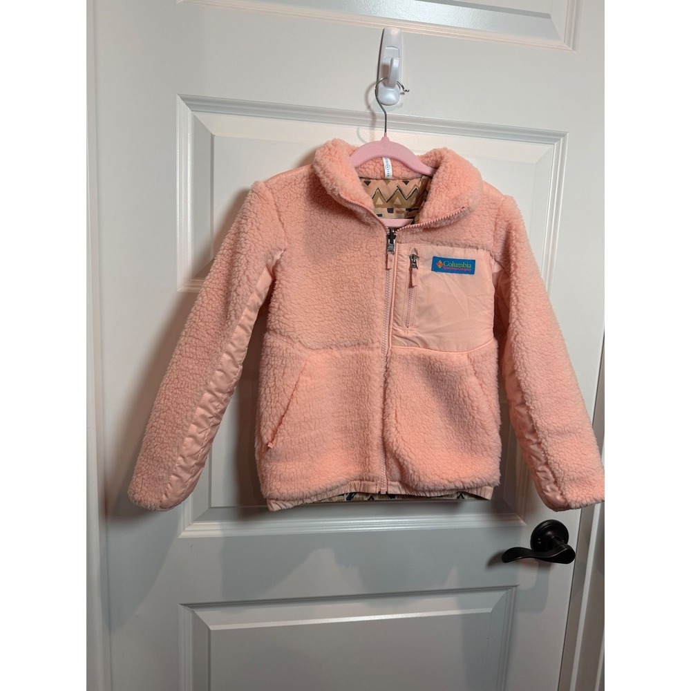 Columbia Reversible Sherpa Fleece Jacket Peach Pink Geometric Print XS 6/7